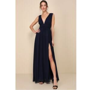 Lulus Heavenly Hues Gown Formal Dress Navy Blue Goddess V-Neck Maxi Chiffon M